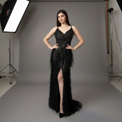 Luxury Classy blue Feathers Beaded Mermaid Prom Dress with Split