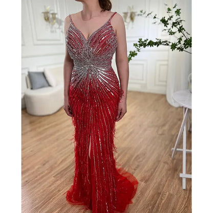 Luxury Classy blue Feathers Beaded Mermaid Prom Dress with Split