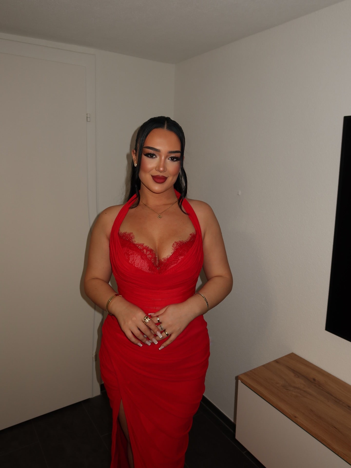 Red Sexy Halter Sleeveless Lace Mermaid Side Slit Prom Dress