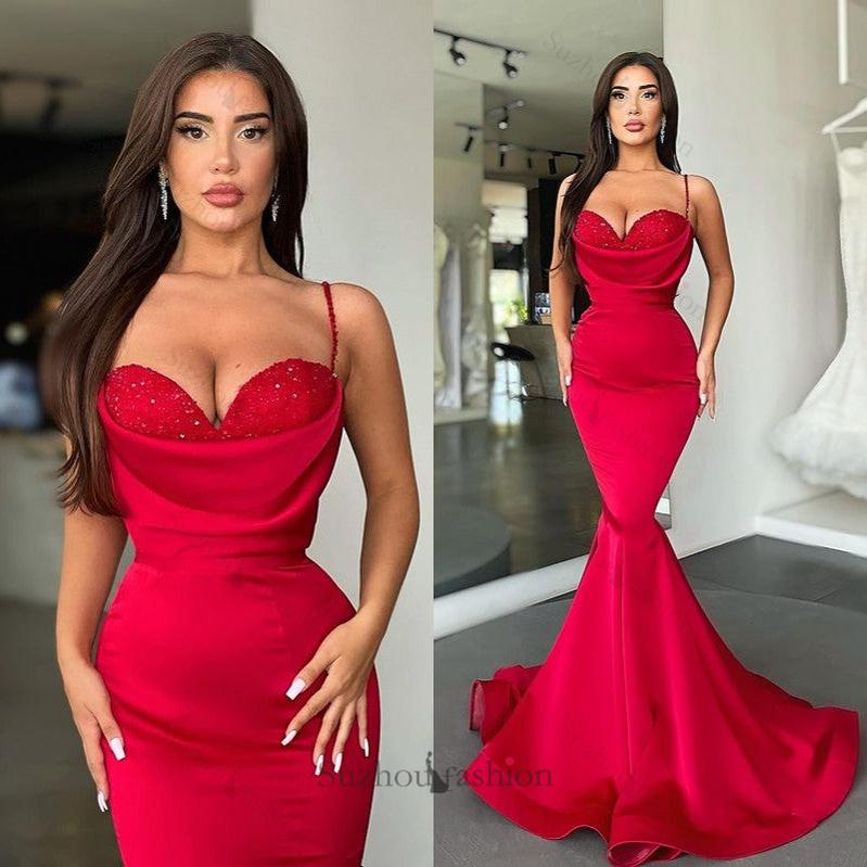 Sexy Red Spaghetti-Straps Mermaid Evening Prom Dress