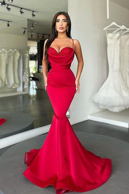 Sexy Red Spaghetti-Straps Mermaid Evening Prom Dress