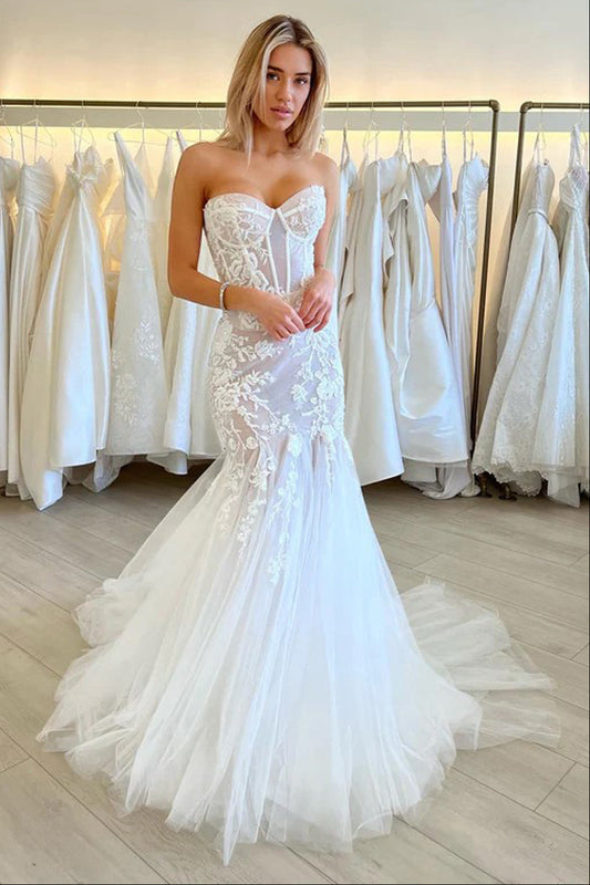 Elegant Mermaid Sweetheart Strapless Sleeveless Wedding Dress