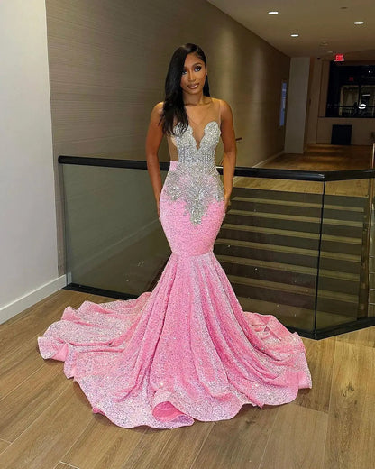 Luxury Pink Sequined Mermaid Crystal Prom Dress