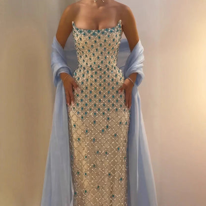 Luxury Blue Diamond Evening Dress with Cape