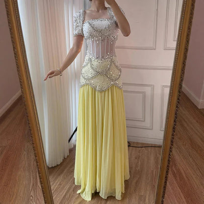 Luxury Yellow Pearls A-Line Evening Dress with Flowing Coat