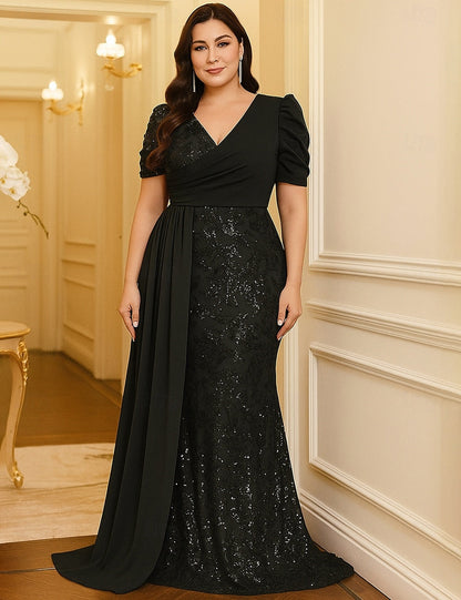 V-Neck Half Sleeve Sequins Sparkle Mermaid Formal Evening Dress