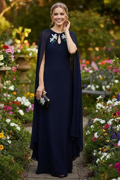 Dark Navy Cape Sleeve Applique Mermaid Formal Evening Dress