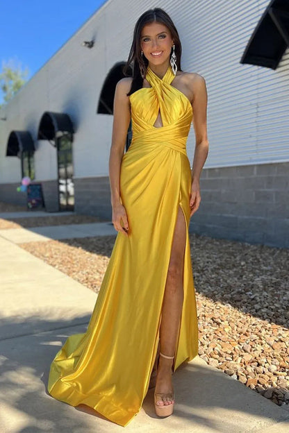 Sheath Halter Ruched Satin Yellow Long Prom Dress with Slit