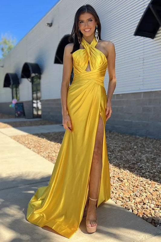 Sheath Halter Ruched Satin Yellow Long Prom Dress with Slit