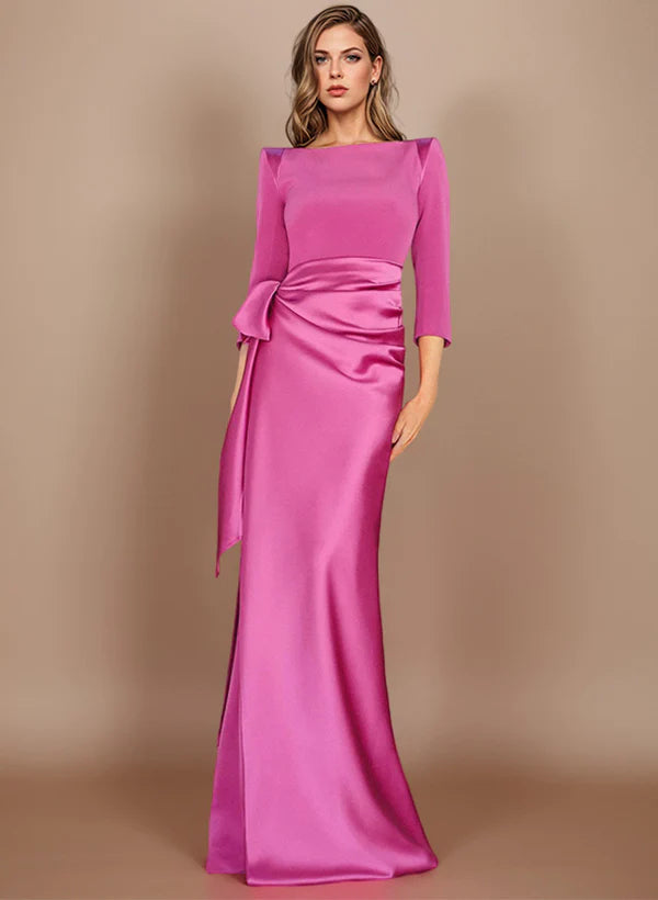 Column Scoop 3/4 Length Sleeves Floor-Length Mother of the Bride Dresses with Bow