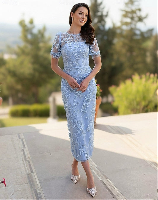 Short Sleeve Sheath Cocktail Dress with Floral Embroidery