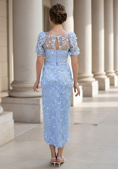 Short Sleeve Sheath Cocktail Dress with Floral Embroidery