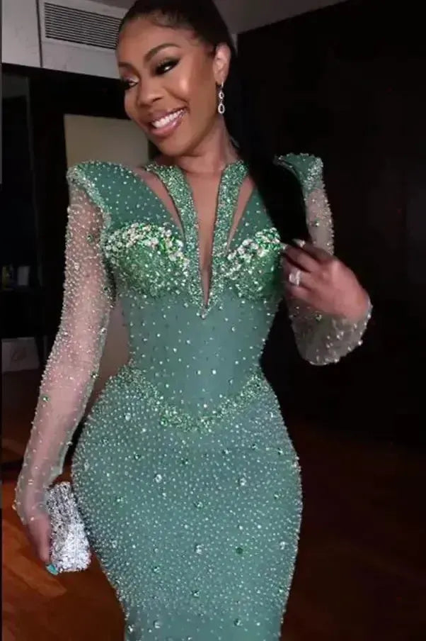 Shinning Applique Long Sleeves Green Prom Dress