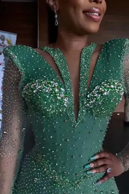 Shinning Applique Long Sleeves Green Prom Dress