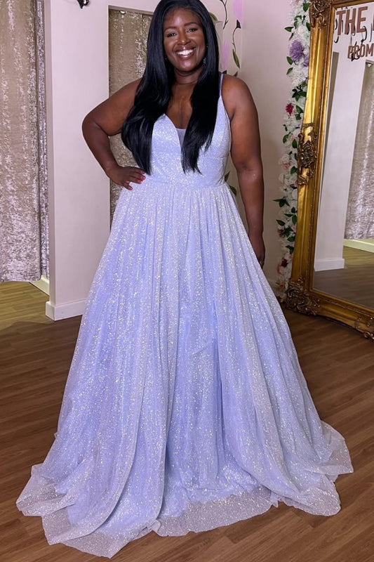 Shiny A Line V Neck Lilac Tulle Long Prom Dress