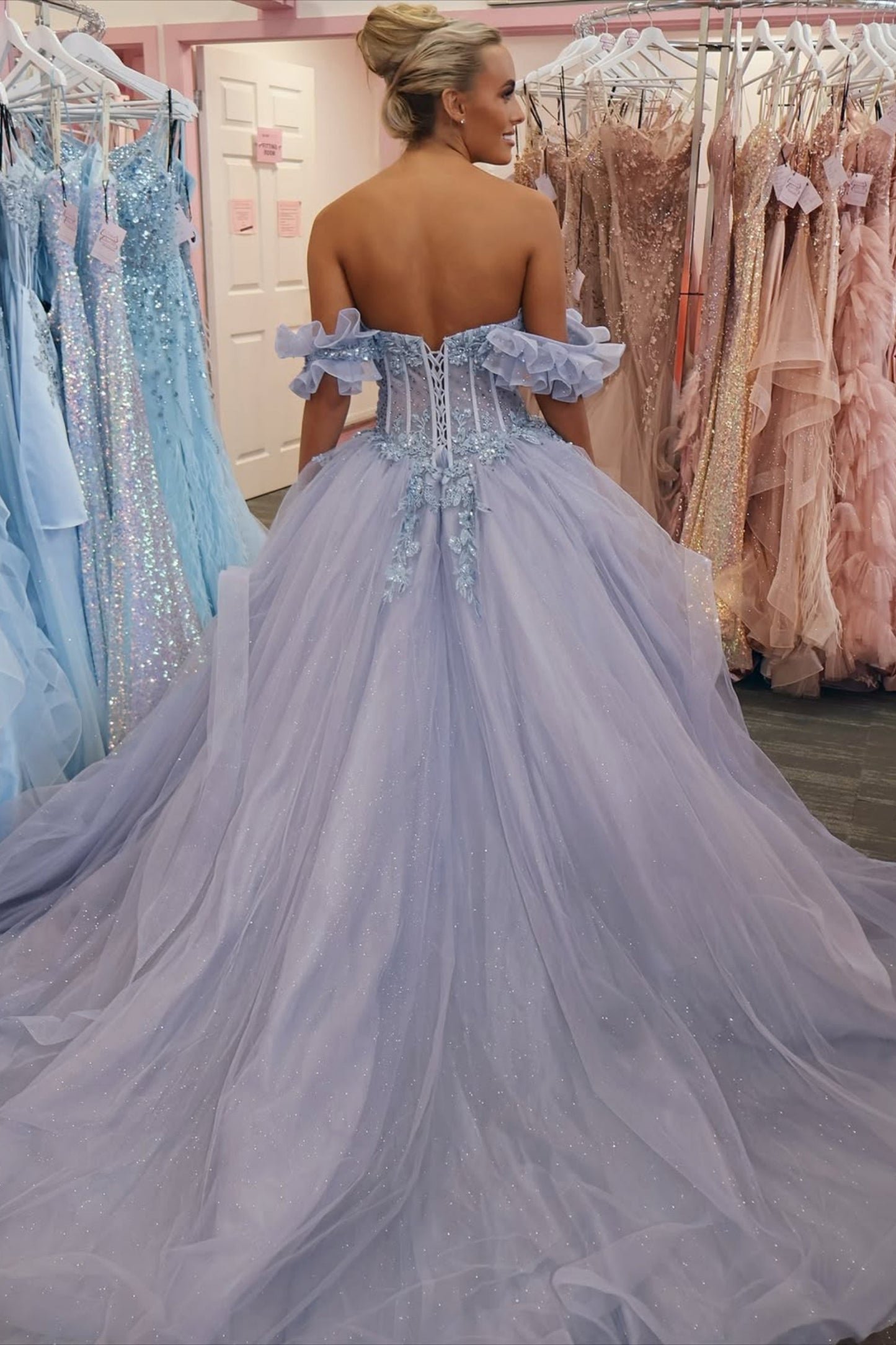 Shiny Off the Shoulder Lilac Lace Long Prom Dress