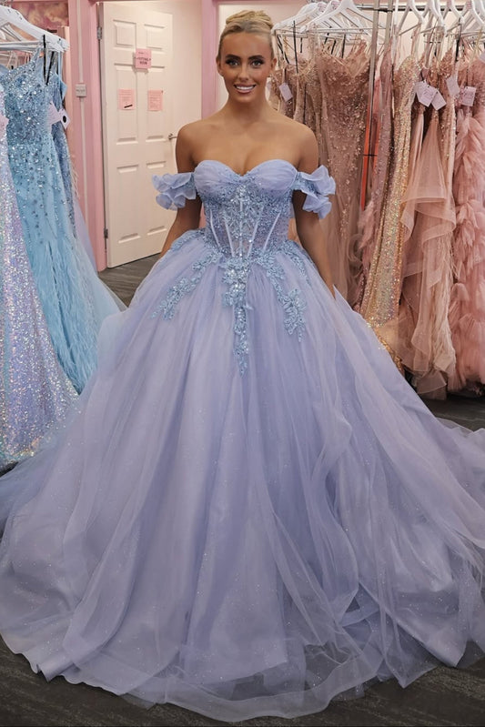 Shiny Off the Shoulder Lilac Lace Long Prom Dress