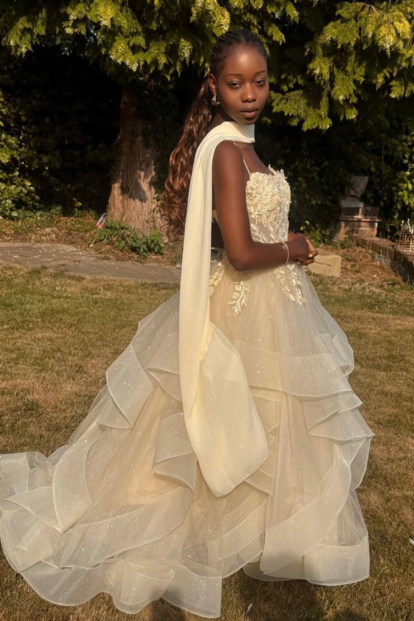 Shiny Open Back Fluffy Yellow Appliques Lace Long Prom Dress