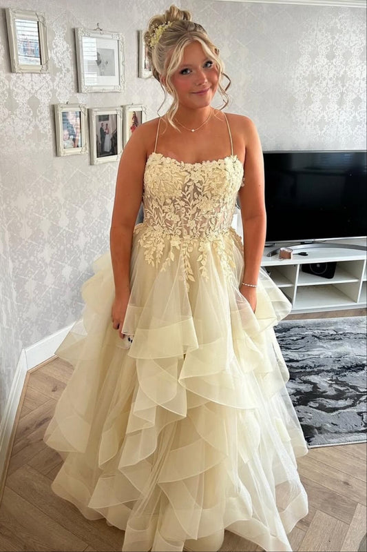 Shiny Open Back Fluffy Yellow Appliques Lace Long Prom Dress