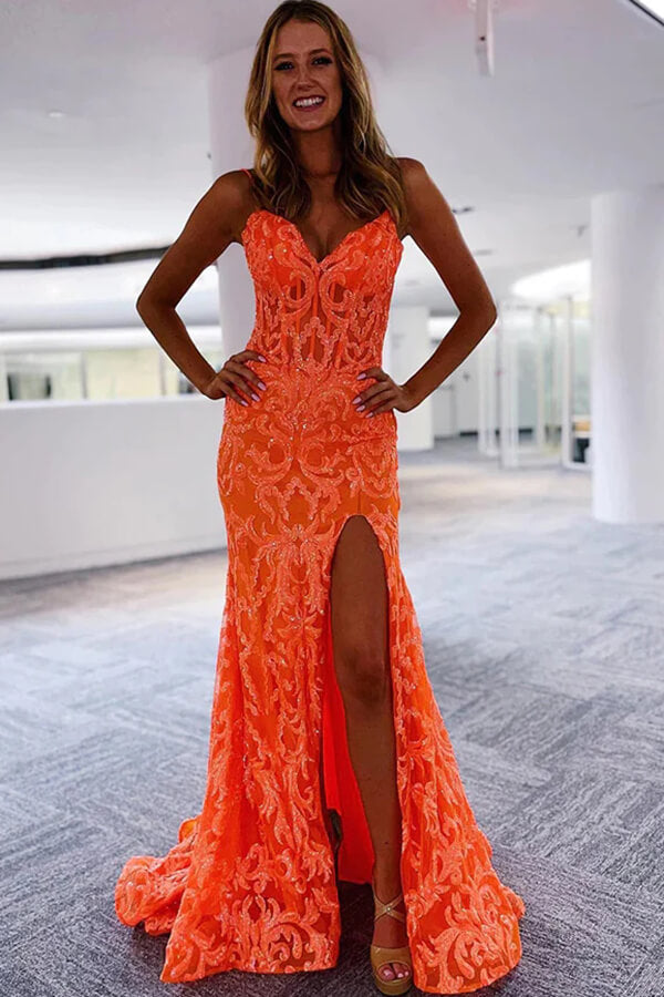 Shiny Orange Mermaid V-neck Lace Prom Dresses With Slit