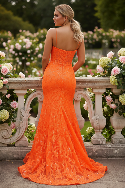 Shiny Orange Mermaid V-neck Lace Prom Dresses With Slit