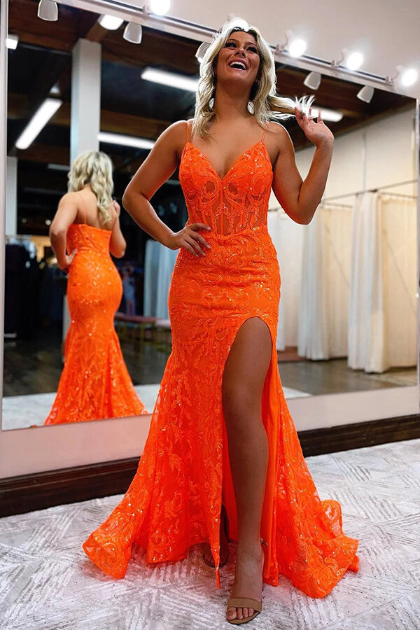 Shiny Orange Mermaid V-neck Lace Prom Dresses With Slit