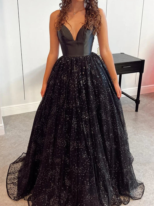 Shiny V Neck Black Long Formal Evening Dress