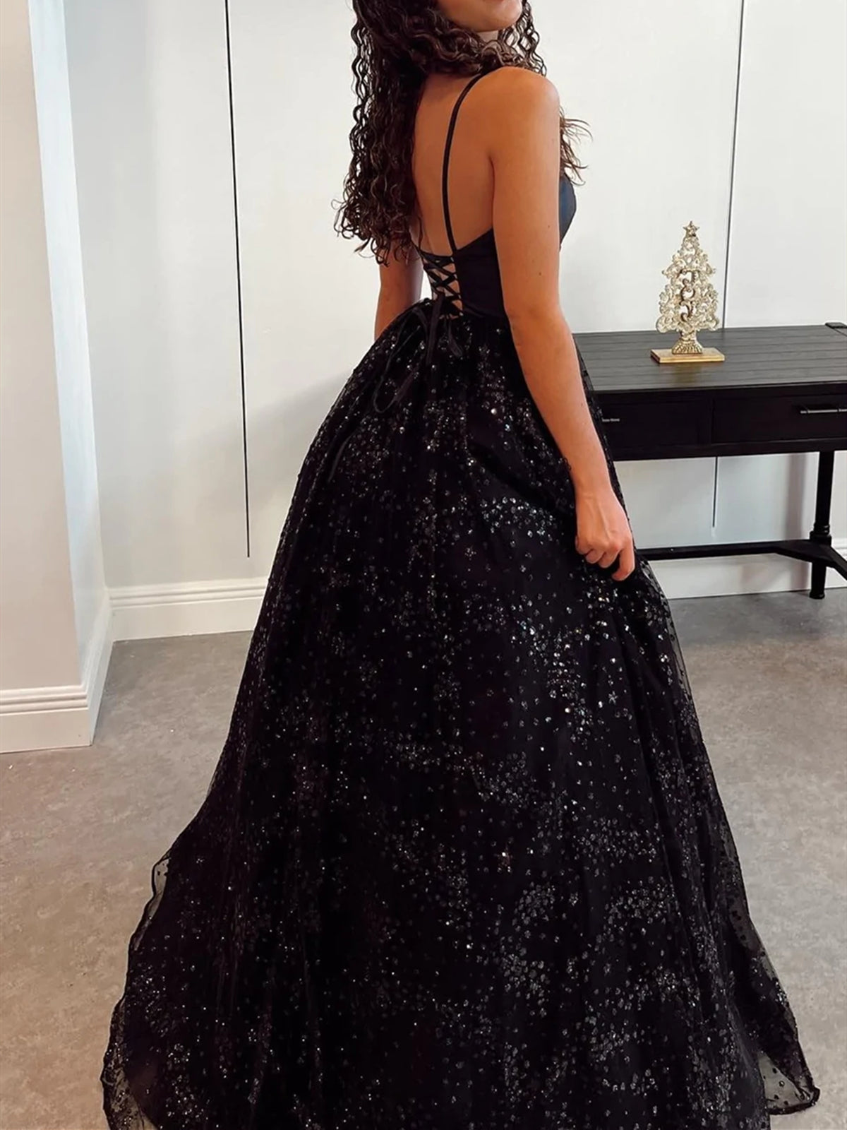 Shiny V Neck Black Long Formal Evening Dress