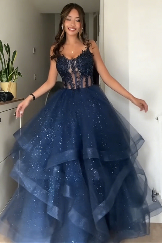 Shiny V Neck Dark Blue Lace Prom Dress
