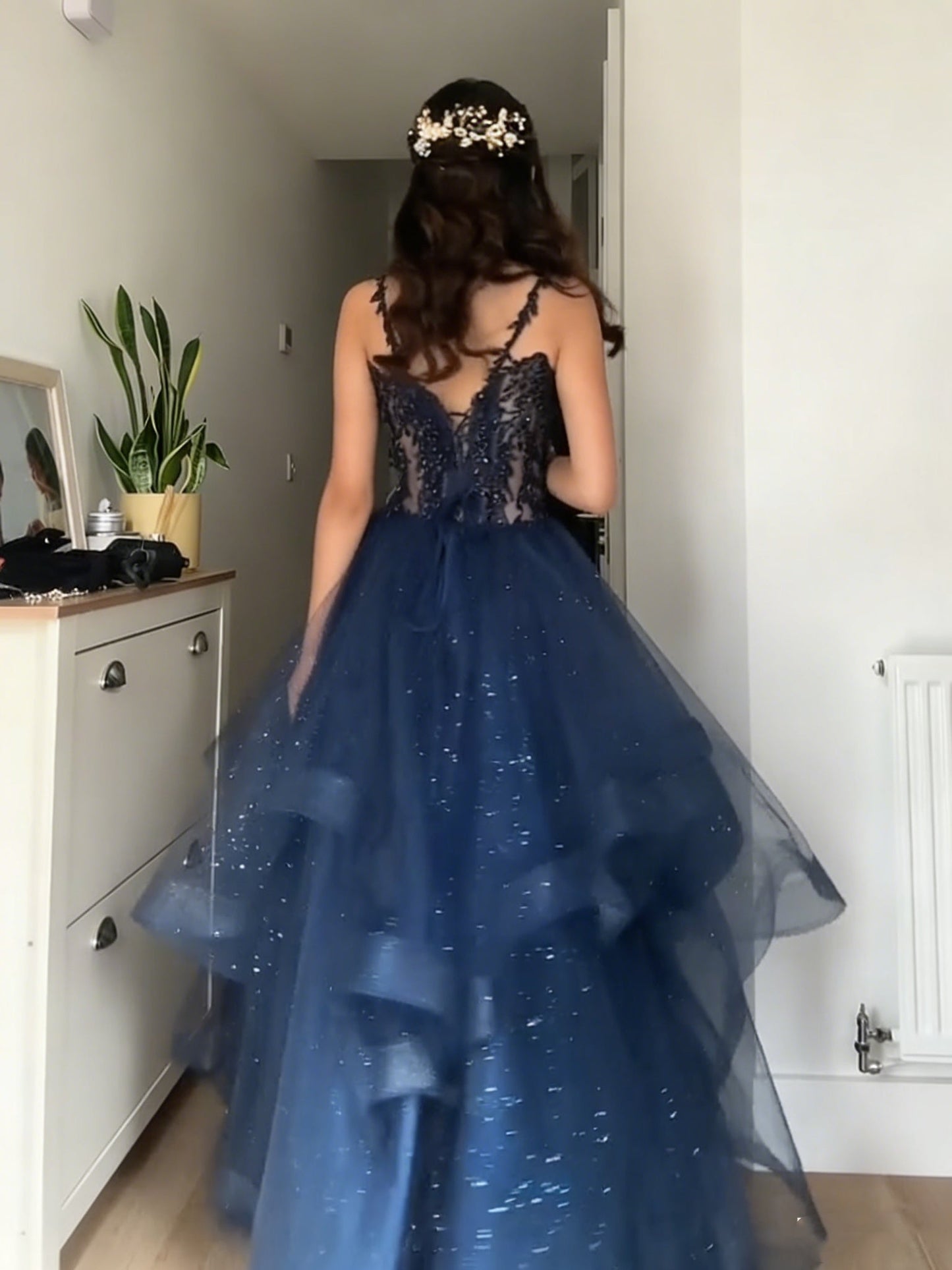 Shiny V Neck Dark Blue Lace Prom Dress