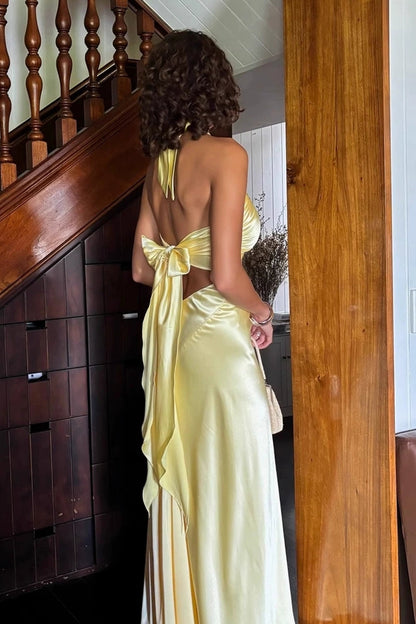 Silk Satin Yellow Halter Open Back Sheath Elegant Formal Party Dress