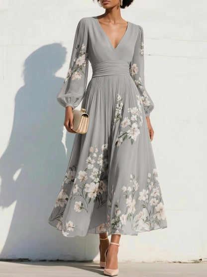 V-Neck Print-Chiffon Pleated Tea-Length Mother of the Bride Dress