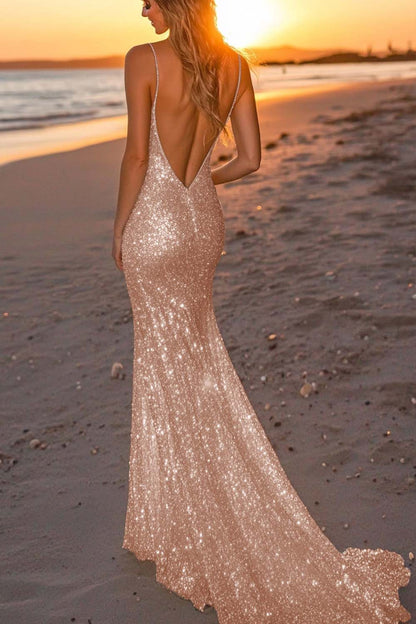 Silver Glitter Mermaid Backless Long Prom Dress