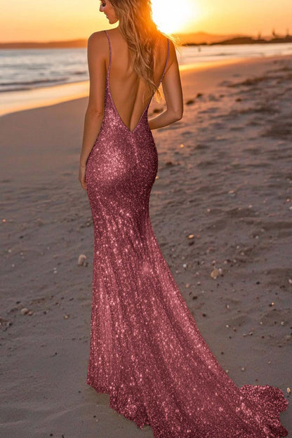 Silver Glitter Mermaid Backless Long Prom Dress