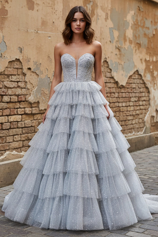 Gorgeous A Line Sweetheart Silver Long Prom Dress