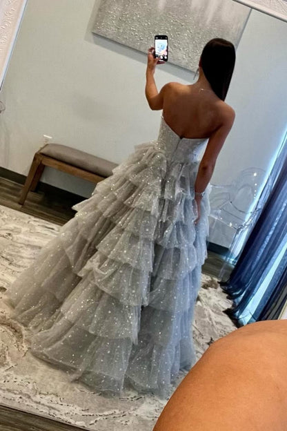 Gorgeous A Line Sweetheart Silver Long Prom Dress