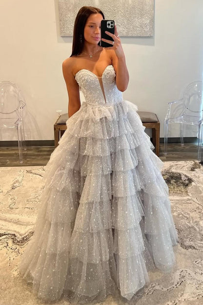 Gorgeous A Line Sweetheart Silver Long Prom Dress