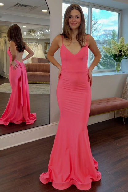 Simple Mermaid Spaghetti Straps Candy Pink Long Prom Dress