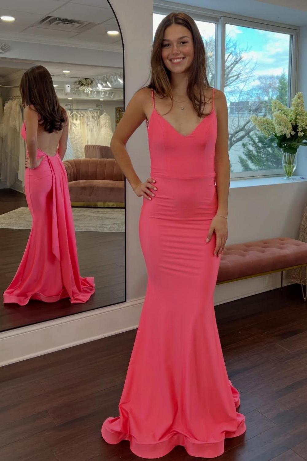 Simple Mermaid Spaghetti Straps Candy Pink Long Prom Dress