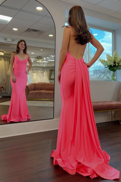 Simple Mermaid Spaghetti Straps Candy Pink Long Prom Dress