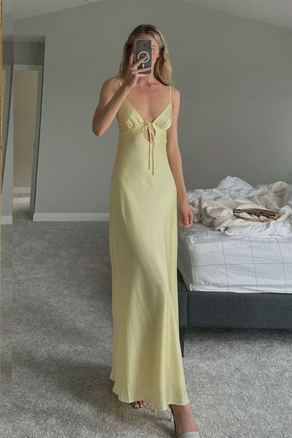 Simple Sheath Spaghetti Straps Light Yellow Long Prom Dress with Keyhole