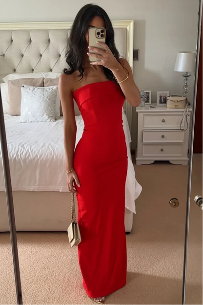Simple Sheath Strapless Red Long Party Dress with Slit Back