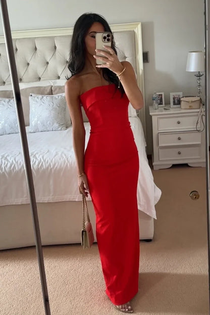 Simple Sheath Strapless Red Long Party Dress with Slit Back