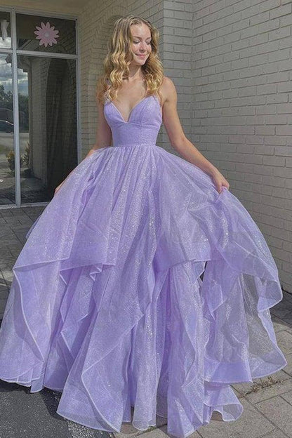Simple V Neck Tulle Long Prom Dress Lilac Tulle Formal Dress