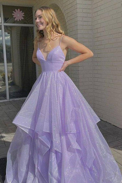 Simple V Neck Tulle Long Prom Dress Lilac Tulle Formal Dress