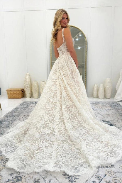 Sleek Ivory A-Line Square Sleeveless Floor-Length Lace Wedding Dress