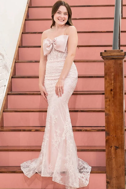 Lumidress Elegant Strapless Light Blue Lace Mermaid Gown with Bow Detail