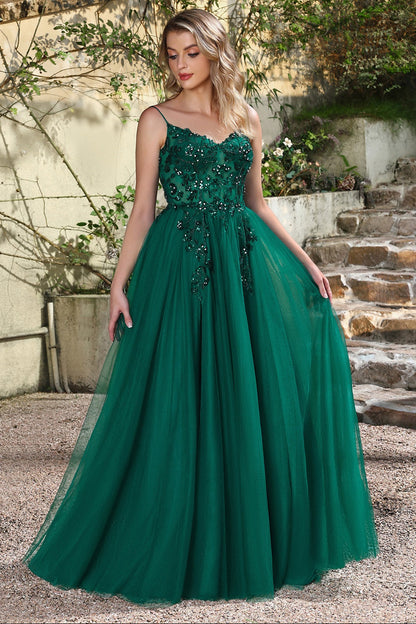 Spaghetti Straps Prom Dress Sequin A Line Tulle Evening Dress