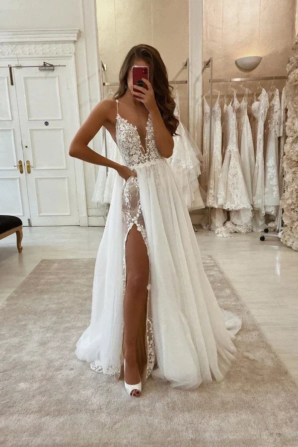 Spaghetti Straps Wedding Dress A Line Tulle Bridal Dress with Lace Appliques
