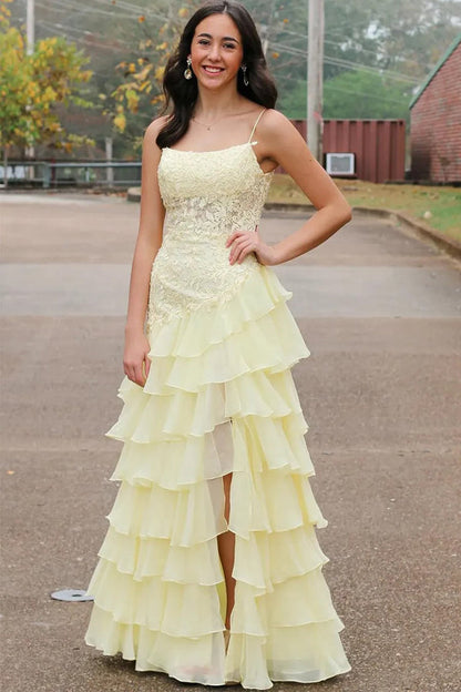 Spaghetti Straps A-Line Layered Yellow Prom Dress with Slit